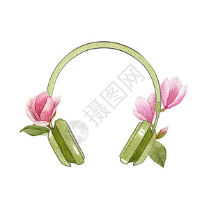 乐迷带木兰花的水色绿耳机插画