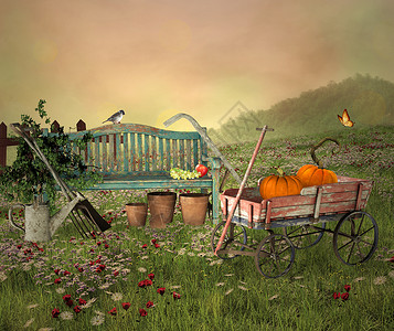 园艺工具和秋季水果和蔬菜背景图片