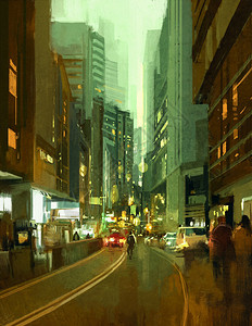 现代都市中的夜晚街道画图片
