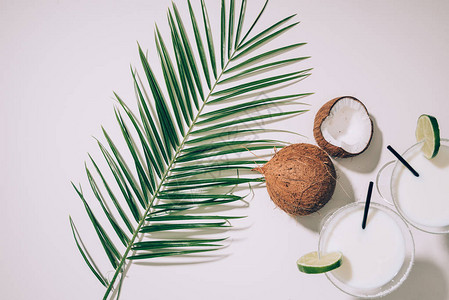 眼镜顶端有椰子鸡尾酒石灰和饮用稻草绿棕榈叶和白图片