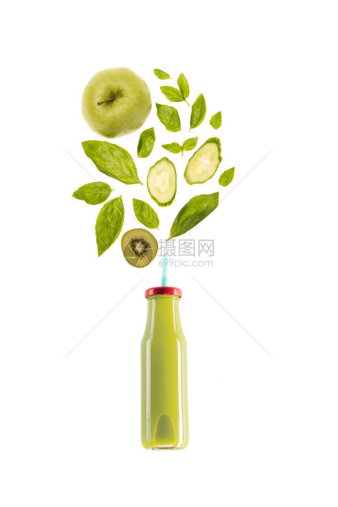 玻璃瓶中的绿色健康健康的冰沙水果图片