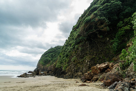 在新西兰皮哈海滩的阴云天海洋岸线上绿色悬崖图片