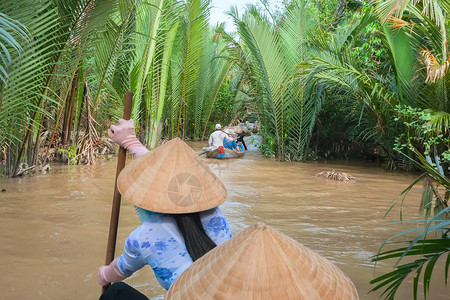 越南妇女在越南湄公河中划背景图片