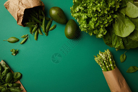 绿色表面不同绿色成熟蔬菜的顶部视图以绿色图片