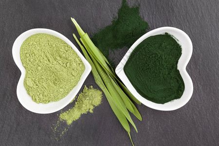黑色表面的绿色健康超食品粉螺图片