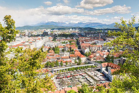 斯洛文尼亚卢布尔雅那市后边有户外市场和山图片