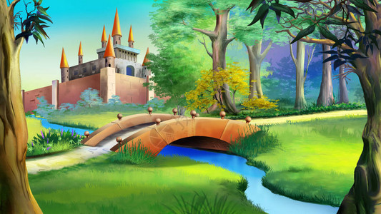 蓝河上的一座森林和小桥上有童话城堡的景观图片