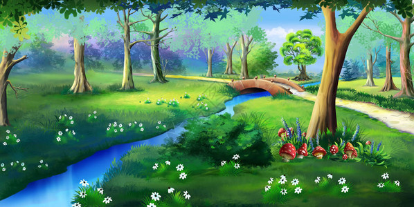 走婚桥夏日森林空地中的童话膏菌蘑菇小河上的小桥的田园风光数字绘画背景插画