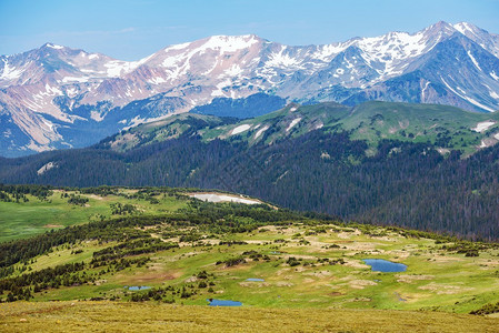 科罗拉多落基山脉全景雪峰和青山与小山湖美国科图片