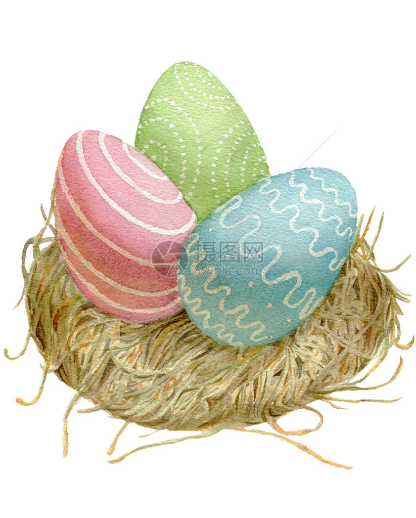 巢中的复活节彩蛋水彩插图图片