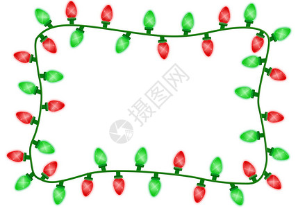 红色和绿色的圣诞灯光边界被隔绝在白背景图片