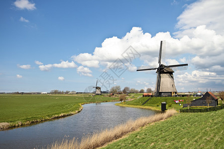 荷兰风景中的传统风车在荷兰图片