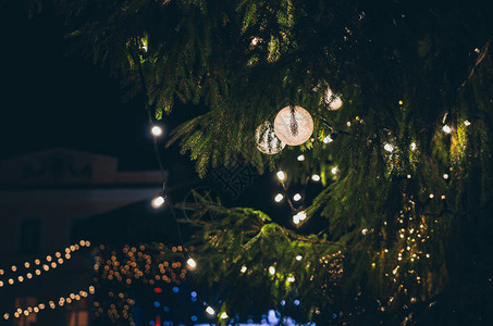 用美丽闪亮的灯光装饰的圣诞树图片