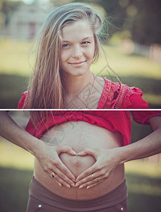 一个可爱女孩和孕妇腹部的合拍照片图片