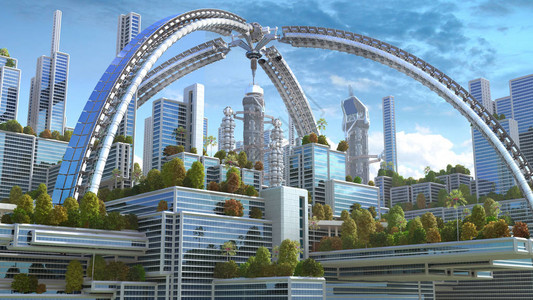 未来主义绿色城市的3D插图图片