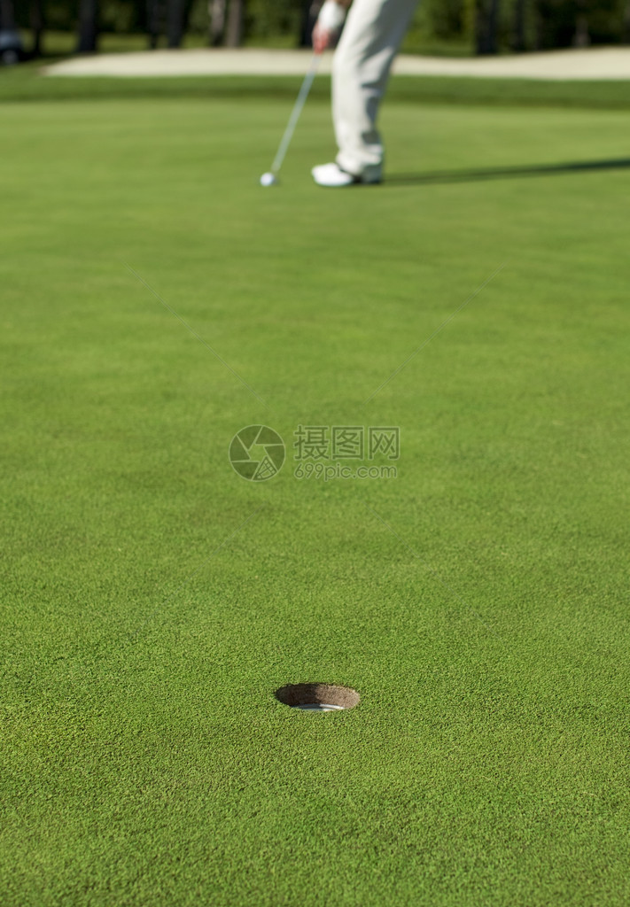高尔夫球手在绿色球上排图片
