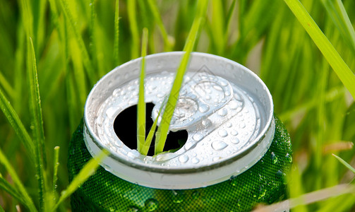 在绿草中打开绿色铝罐瓶子图片