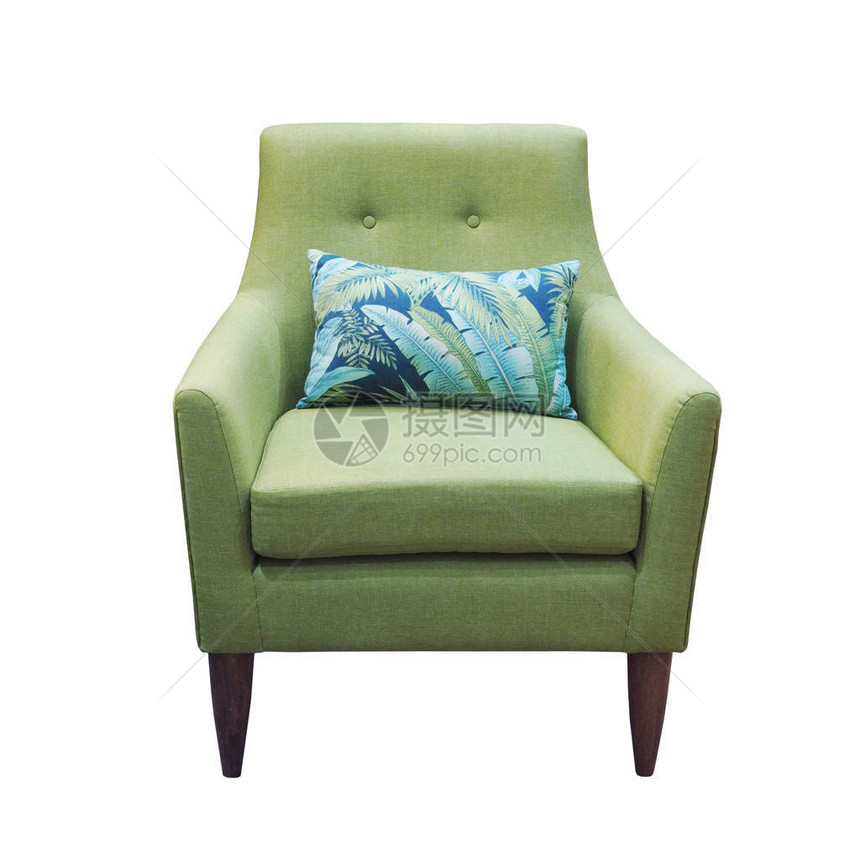 绿色椅子枕头与绿椅隔离在白色背景图片
