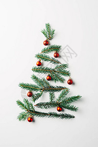 在圣诞节树上安排的松树枝顶部视图白色背景图片