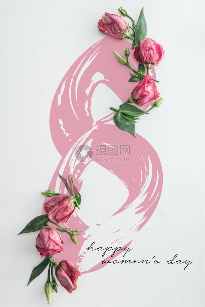 白色背景粉红玫瑰的顶部视图有快乐的图片