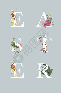 在灰色背景上的白色字母上有鲜花的复活节刻字背景图片