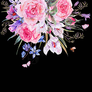 莲科草本植物复古水彩春卡与粉红玫瑰蓝色野花盛开的雪花莲scilla叶子草药蝴蝶和蜜蜂设计图片