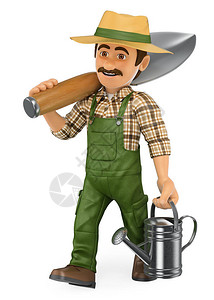 蹲着干活农民3D工人插图园丁拿着一把大铲子和水罐走着孤设计图片