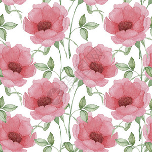 白色背景上粉红色花朵和叶子的无缝图案水彩花卉图案粉红色花朵墙纸卡片或织物的花朵图背景图片