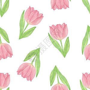 白色背景上嫩粉色郁金香花的重复图案图片