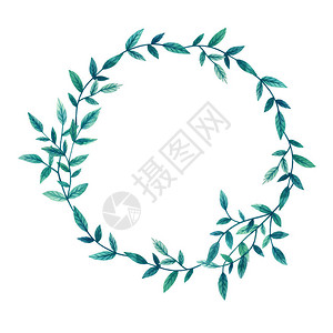 带有绿色叶子的模板圆形花卉框架手绘水彩植物标签用于贺卡天然化妆图片