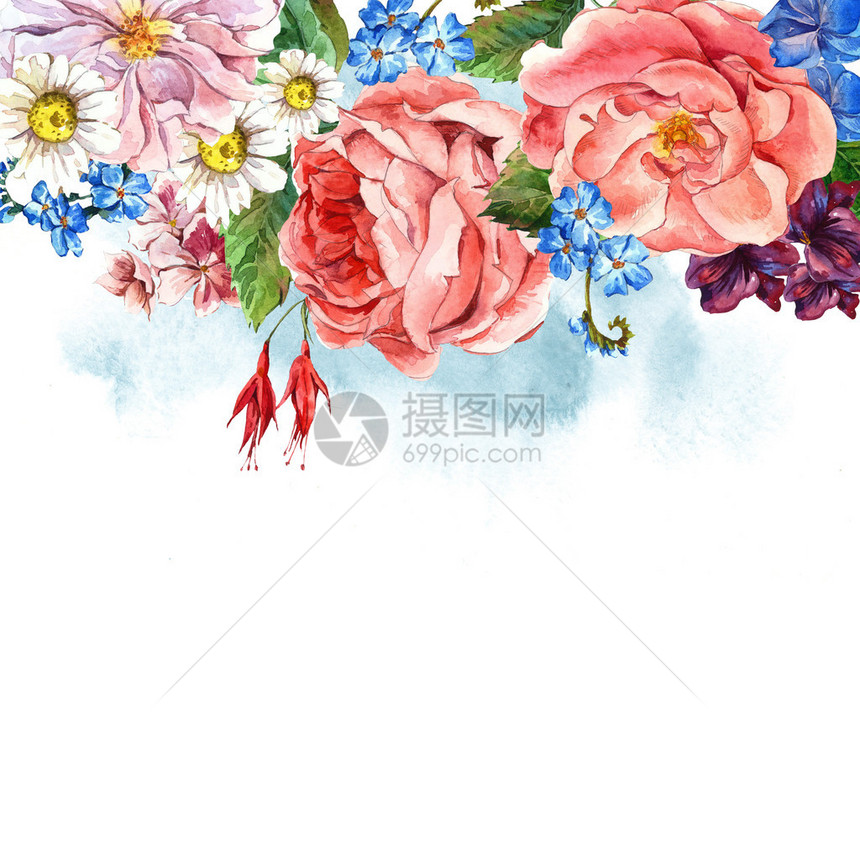 彩虹布花玫瑰白黛西和蓝野花的图片图片