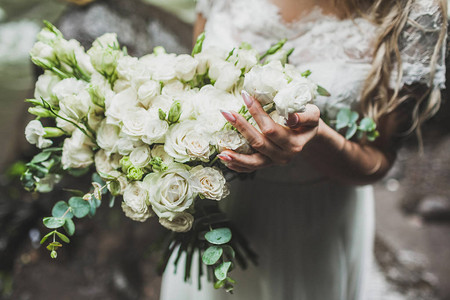 新娘手捧着白玫瑰的大花束图片