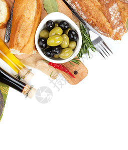 橄榄面包橄榄油和香醋的意大利食物开胃菜在白图片