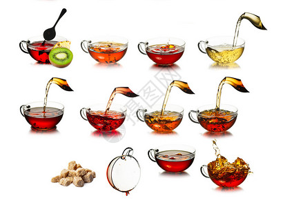 茶时间概念透明杯中不同种类的黑绿草本和乌龙茶色清新干净图片
