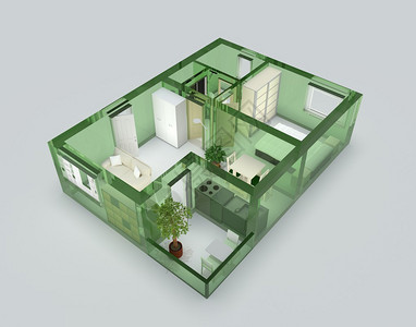 带有绿色玻璃墙和家具的公寓图片
