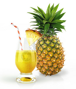 菠萝和饮料玻璃有水果块和稻草白图片