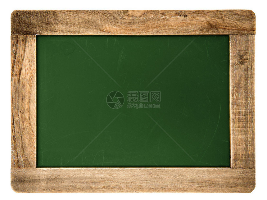 白色背景上隔开的木框和绿色表面的老旧黑白板用于文图片