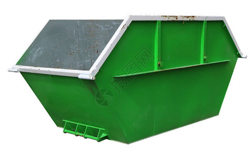 用于建筑废物的钢新绿色空容器真正的建筑工具概念白纸上孤图片
