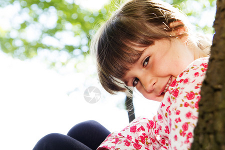可爱的小女孩靠在森林图片