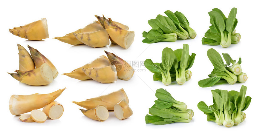 BokChoy蔬菜和竹子在白图片