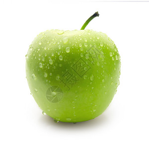 清新绿苹果覆盖着白色背景的闪亮水滴图片