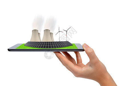 与风力涡轮机太阳能电池板和核电厂手持平板图片