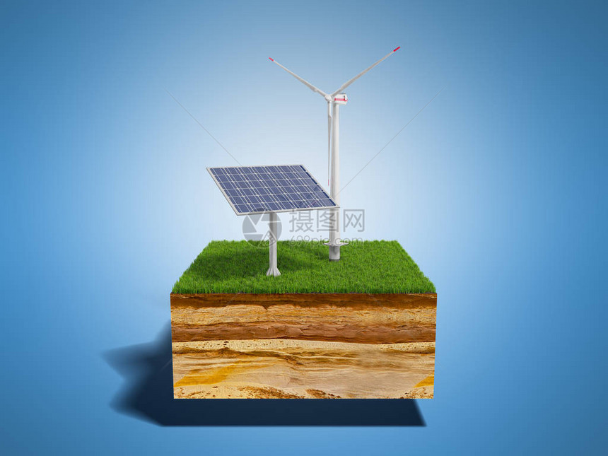 替代能源概念3d以蓝色隔离的草为横片地面和图片