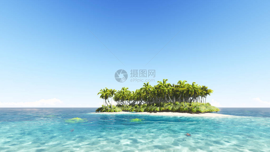 具有清澈蓝天3D渲染的热带岛屿图片