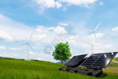 未来清洁风力涡轮机和太阳能电池的电图片