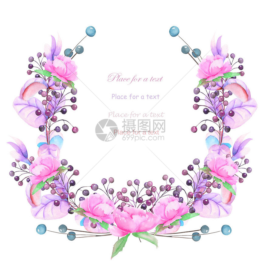 一个带有水彩蓝色和紫色浆果和树枝的文字花环图片
