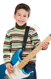 在白色背景上弹电吉他的可爱孩子图片