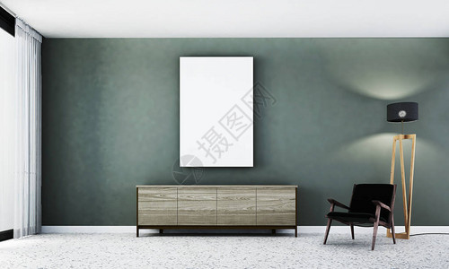 现代客厅与绿墙背景纹理的3D渲染图片