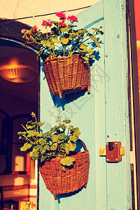 蓝色木墙上的花盆图片
