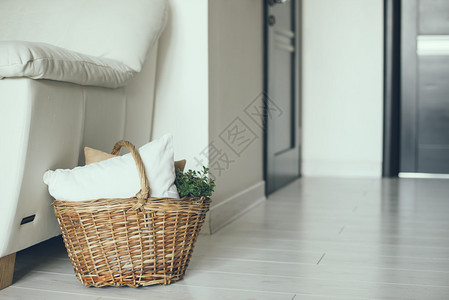 配枕头和绿色家用植物的Wicker篮子图片